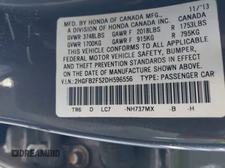 2013 Honda Civic LX with VIN 2HGFB2F52DH596556, listed as a IAAI auction lot 42054070 with 129,721 mi miles and . Bid and sale history available at DreamBid. Image 9.