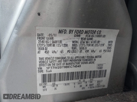 2011 Ford F-250 XL with VIN 1FT7W2BT9BEC74545, listed as a IAAI auction lot 41052031 with 238,730 mi miles and . Bid and sale history available at DreamBid. Image 9.