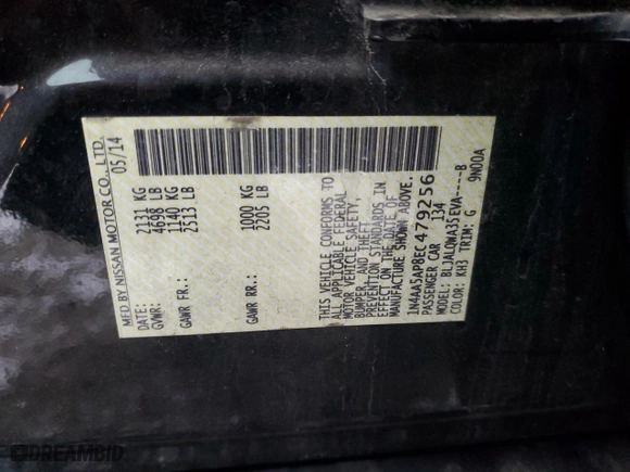2014 Nissan Maxima 3.5 S with VIN 1N4AA5AP8EC479256, listed as a Copart auction lot 44743765 with 77,926 mi miles and Salvage Title. Bid and sale history available at carsss.com. Image 12.