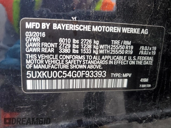 2016 BMW X6 sDrive35i with VIN 5UXKU0C54G0F93393, listed as a Copart auction lot 39393874 with 103,254 mi miles and . Bid and sale history available at DreamBid. Image 12.