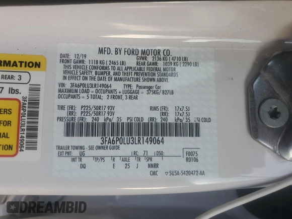 2020 Ford Fusion Hybrid SE with VIN 3FA6P0LU3LR149064, listed as a Copart auction lot 36362493 with 31,521 mi miles. Bid and sale history available at carsss.com. Image 13.
