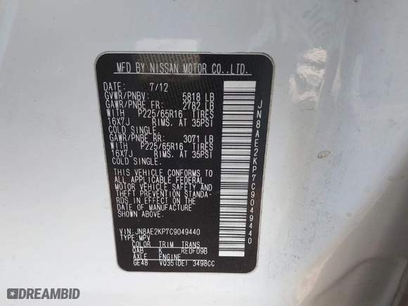 2012 Nissan Quest SL with VIN JN8AE2KP7C9049440, listed as a IAAI auction lot 41387304 with 72,797 mi miles. Bid and sale history available at carsss.com. Image 9.