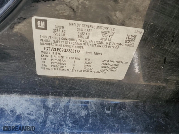 2016 GMC Sierra 1500 with VIN 1GTV2LEC9GZ383172, listed as a Copart auction lot 49957785 with 181,964 mi miles and Salvage Title. Bid and sale history available at carsss.com. Image 15.