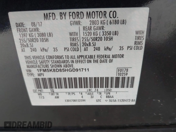 2017 Ford Explorer XLT z VIN 1FM5K8D85HGD91711, wystawiony jako IAAI lot #41848391 z przebiegiem 106 577 mil mil oraz . Historia ofert i sprzedaży dostępna na DreamBid. Obrazek 9.