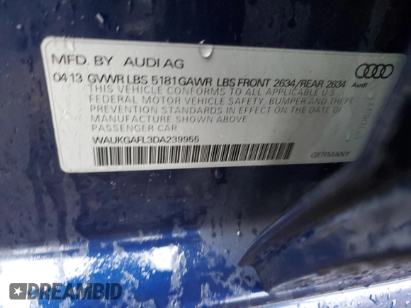2013 Audi S4 Prestige with VIN WAUKGAFL3DA239955, listed as a Copart auction lot 84562334 with 137,186 mi miles and Salvage Title. Bid and sale history available at carsss.com. Image 14.