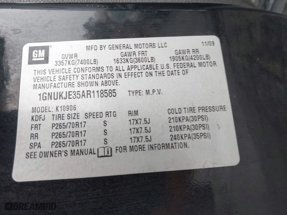 2010 Chevrolet Suburban LT with VIN 1GNUKJE35AR118585, listed as a IAAI auction lot 41730021 with 195,692 mi miles. Bid and sale history available at carsss.com. Image 9.