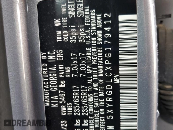 2023 Kia Sorento LX with VIN 5XYRGDLCXPG179412, listed as a Copart auction lot 61254105 with 57,545 mi miles and Clean title. Bid and sale history available at DreamBid. Image 13.