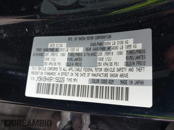 2024 Mazda CX-90 Preferred z VIN JM3KKBHA5R1158229, wystawiony jako IAAI lot #42008464 z przebiegiem 20 817 mil mil oraz . Historia ofert i sprzedaży dostępna na DreamBid. Obrazek 9.