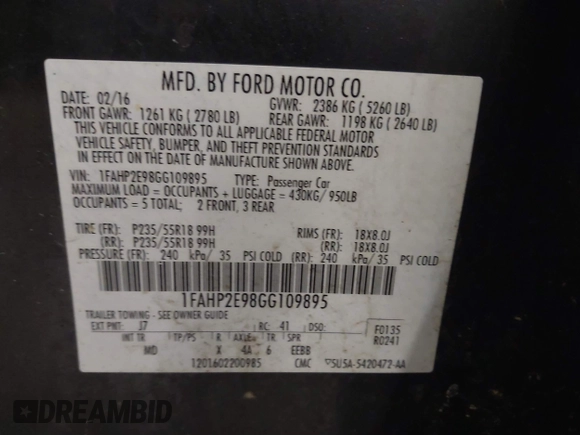2016 Ford Taurus SEL with VIN 1FAHP2E98GG109895, listed as a IAAI auction lot 41522857 with 137,892 mi miles and . Bid and sale history available at DreamBid. Image 9.
