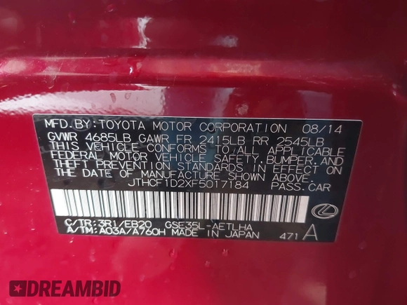 2015 Lexus IS 250 with VIN JTHCF1D2XF5017184, listed as a IAAI auction lot 40756885 with 59,601 mi miles and . Bid and sale history available at DreamBid. Image 9.
