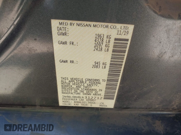 2020 Nissan Altima S with VIN 1N4BL4BV8LN312712, listed as a IAAI auction lot 41956107 with 206,221 mi miles and . Bid and sale history available at DreamBid. Image 9.