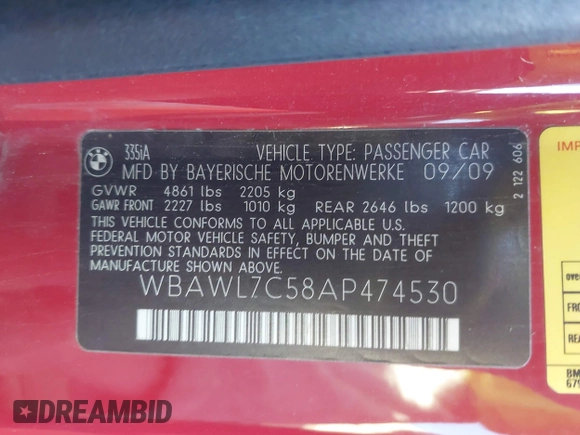 2010 BMW 3 Series 335i with VIN WBAWL7C58AP474530, listed as a IAAI auction lot 41764106 with 110,904 mi miles. Bid and sale history available at carsss.com. Image 9.
