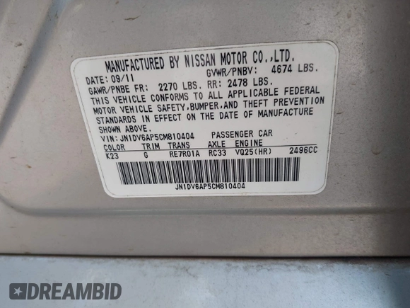 2012 Infiniti G25 Journey with VIN JN1DV6AP5CM810404, listed as a IAAI auction lot 42294231 with 200,361 mi miles and . Bid and sale history available at DreamBid. Image 9.