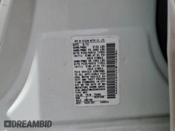 2014 Nissan Murano SV z VIN JN8AZ1MU3EW400964, wystawiony jako Copart lot #55452635 z przebiegiem 100 363 mil mil oraz Czysty tytuł • Clean title. Historia ofert i sprzedaży dostępna na DreamBid. Obrazek 13.