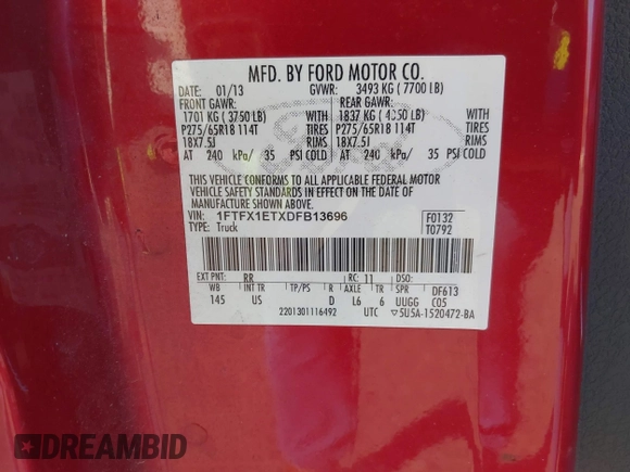 2013 Ford F-150 XL with VIN 1FTFX1ETXDFB13696, listed as a IAAI auction lot 41780931 with 160,776 mi miles and . Bid and sale history available at DreamBid. Image 9.