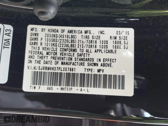 2015 Honda CR-V LX with VIN 5J6RM4H37FL057881, listed as a IAAI auction lot 42093574 with 127,852 mi miles and . Bid and sale history available at DreamBid. Image 9.