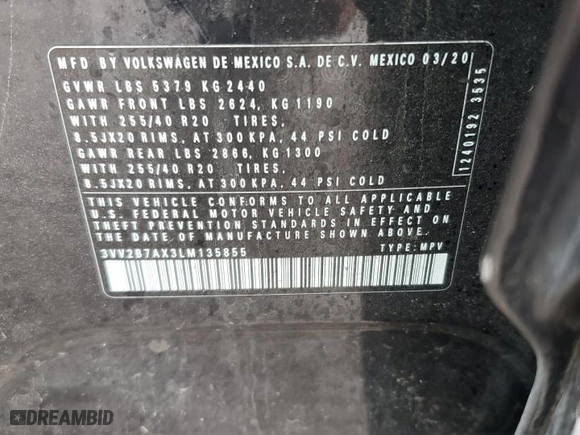 2020 Volkswagen Tiguan SE with VIN 3VV2B7AX3LM135855, listed as a Copart auction lot 51473775 with 86,288 mi miles and Salvage Title. Bid and sale history available at carsss.com. Image 14.