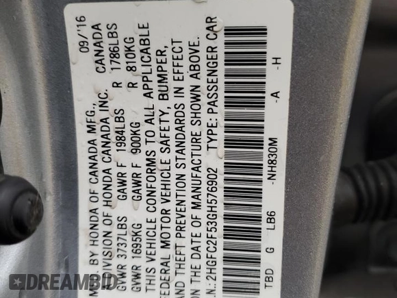 2016 Honda Civic Sedan LX with VIN 2HGFC2F53GH576902, listed as a Copart auction lot 49799215 with 65,416 mi miles and Salvage Title. Bid and sale history available at carsss.com. Image 12.
