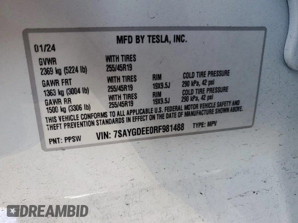 2024 Tesla Model Y Long Range с VIN 7SAYGDEE0RF981488, выставлен на аукционе Copart как лот 58704135 с пробегом 21 417 миль миль и Списание • Salvage title. История ставок и продаж доступна на DreamBid. Изображение 13.