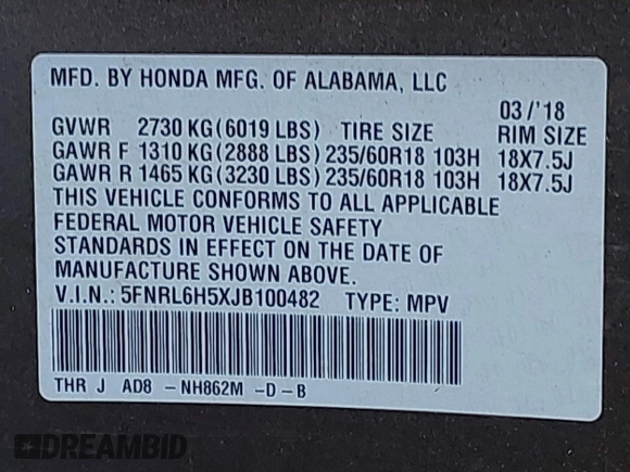 2018 Honda Odyssey EX with VIN 5FNRL6H5XJB100482, listed as a IAAI auction lot 42616266 with 82,953 mi miles and . Bid and sale history available at DreamBid. Image 9.