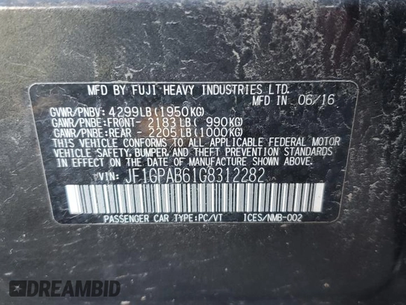2016 Subaru Impreza Premium с VIN JF1GPAB61G8312282, выставлен на аукционе Copart как лот 57686445 с пробегом 95 882 миль миль и Списание • Salvage title. История ставок и продаж доступна на DreamBid. Изображение 14.
