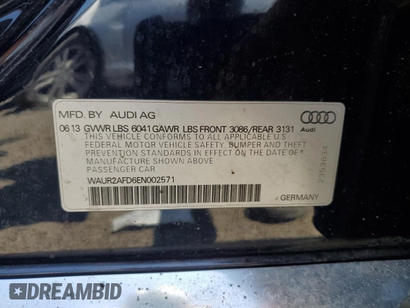 2014 Audi A8 4.0T with VIN WAUR2AFD6EN002571, listed as a Copart auction lot 52285445 with 164,521 mi miles and Clean Title. Bid and sale history available at DreamBid. Image 13.