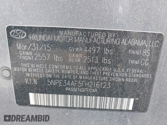 2015 Hyundai Sonata Sport with VIN 5NPE34AF5FH216123, listed as a IAAI auction lot 42271866 with 85,346 mi miles and . Bid and sale history available at DreamBid. Image 9.