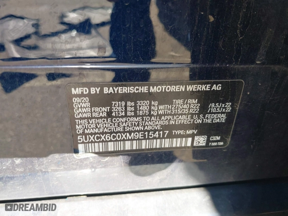 2021 BMW X7 M50i with VIN 5UXCX6C0XM9E15417, listed as a IAAI auction lot 41402910 with 70,768 mi miles. Bid and sale history available at carsss.com. Image 9.