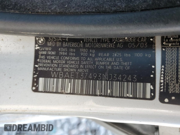 2003 BMW 3 Series 325i with VIN WBAET37493NJ34243, listed as a Copart auction lot 48788045 with 182,671 mi miles and Clean Title. Bid and sale history available at carsss.com. Image 12.