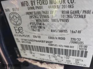 2010 Ford Escape XLT with VIN 1FMCU0D78AKB72027, listed as a IAAI auction lot 42056396 with 172,370 mi miles. Bid and sale history available at carsss.com. Image 9.