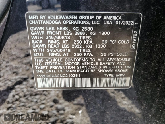 2022 Volkswagen Atlas SE with VIN 1V2LC2CA2NC210351, listed as a Copart auction lot 56193205 with 54,906 mi miles and Clean title. Bid and sale history available at DreamBid. Image 13.