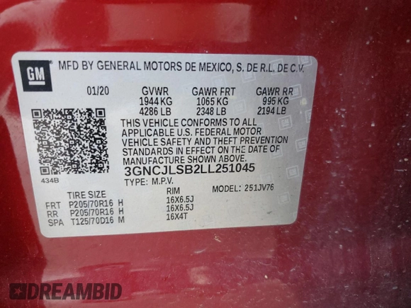 2020 Chevrolet Trax LT with VIN 3GNCJLSB2LL251045, listed as a Copart auction lot 57127135 with 85,989 mi miles and Salvage title. Bid and sale history available at DreamBid. Image 14.