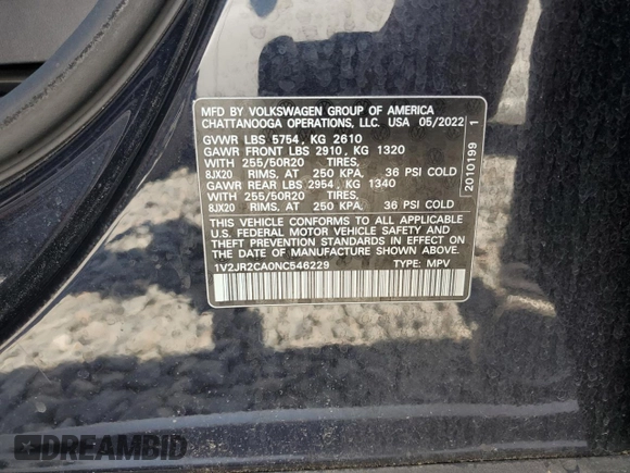 2022 Volkswagen Atlas SE with VIN 1V2JR2CA0NC546229, listed as a Copart auction lot 53565555 with 64,026 mi miles and Salvage title. Bid and sale history available at DreamBid. Image 13.