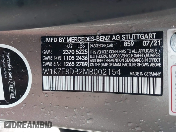 2021 Mercedes-Benz E-Class E 350 with VIN W1KZF8DB2MB002154, listed as a IAAI auction lot 41554279 with 52,375 mi miles. Bid and sale history available at carsss.com. Image 9.