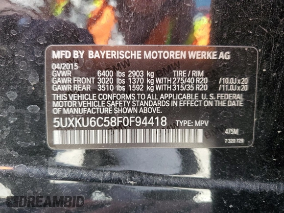 2015 BMW X6 xDrive50i with VIN 5UXKU6C58F0F94418, listed as a Copart auction lot 49420273 with 93,864 mi miles. Bid and sale history available at carsss.com. Image 12.