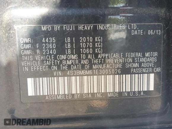 2014 Subaru Legacy Limited with VIN 4S3BMBM61E3005026, listed as a Copart auction lot 59272125 with 166,787 mi miles and Salvage title. Bid and sale history available at DreamBid. Image 12.