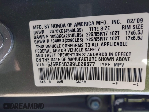 2009 Honda CR-V LX with VIN 5J6RE48399L029677, listed as a IAAI auction lot 38701558 with 136,294 mi miles. Bid and sale history available at carsss.com. Image 9.