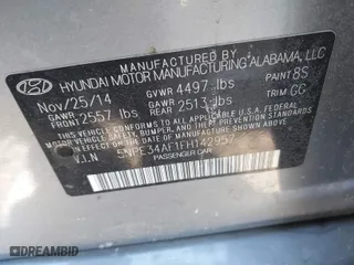 2015 Hyundai Sonata 2.4L Sport with VIN 5NPE34AF1FH142957, listed as a IAAI auction lot 41381762 with 143,597 mi miles. Bid and sale history available at carsss.com. Image 9.