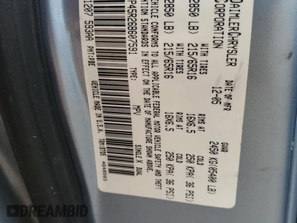 2006 Dodge Caravan SXT with VIN 1D4GP45R26B607591, listed as a Copart auction lot 55261715 with 174,486 mi miles and Salvage Title. Bid and sale history available at DreamBid. Image 13.