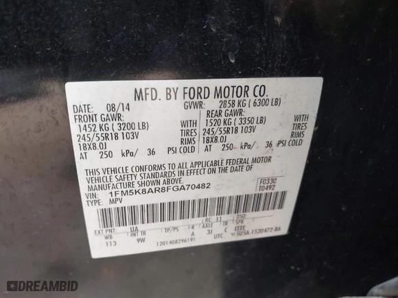 2015 Ford Utility Police Interceptor with VIN 1FM5K8AR8FGA70482, listed as a IAAI auction lot 41504037 with 1 mi miles. Bid and sale history available at carsss.com. Image 9.