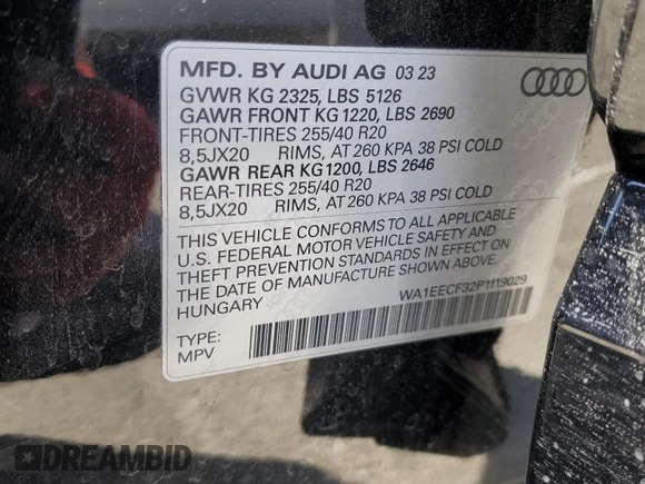 2023 Audi Q3 S line Premium Plus with VIN WA1EECF32P1119029, listed as a Copart auction lot 53853505 with 17,261 mi miles and Salvage title. Bid and sale history available at DreamBid. Image 14.