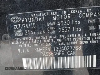 2016 Hyundai Sonata Hybrid SE with VIN KMHE24L13GA027768, listed as a IAAI auction lot 42043333 with 46,322 mi miles. Bid and sale history available at carsss.com. Image 9.