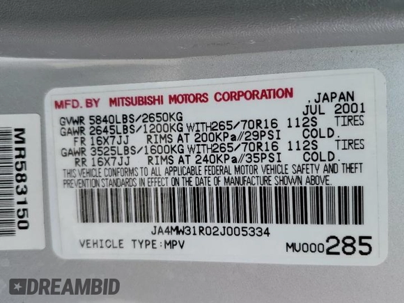 2002 Mitsubishi Montero XLS z VIN JA4MW31R02J005334, wystawiony jako Copart lot #79394064 z przebiegiem 285 949 mil mil oraz Czysty tytuł • Clean title. Historia ofert i sprzedaży dostępna na DreamBid. Obrazek 13.