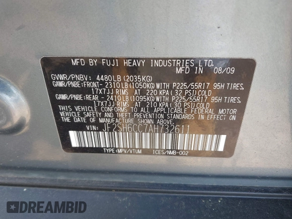2010 Subaru Forester X Premium с VIN JF2SH6CC7AH732611, выставлен на аукционе IAAI как лот 42280071 с пробегом 171 177 миль миль и . История ставок и продаж доступна на DreamBid. Изображение 9.