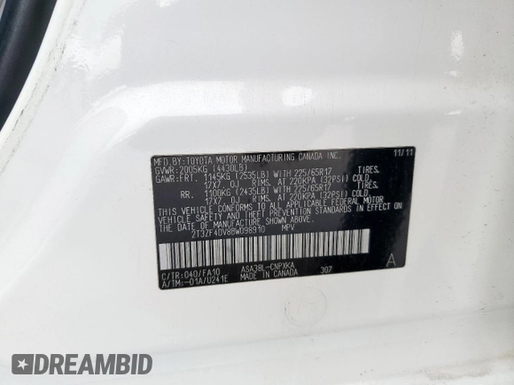 2011 Toyota RAV4 with VIN 2T3ZF4DV8BW098910, listed as a Copart auction lot 56926675 with 170,653 mi miles and Clean Title. Bid and sale history available at DreamBid. Image 12.