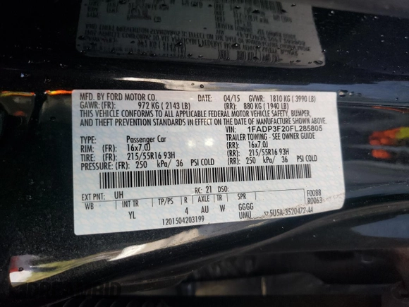 2015 Ford Focus SE with VIN 1FADP3F20FL285805, listed as a Copart auction lot 50131265 with 191,431 mi miles and Salvage Title. Bid and sale history available at carsss.com. Image 12.