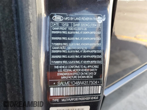 2010 Land Rover Range Rover HSE z VIN SALME1D48AA317504, wystawiony jako Copart lot #86007894 z przebiegiem 116 775 mil mil oraz Czysty tytuł • Clean title. Historia ofert i sprzedaży dostępna na DreamBid. Obrazek 12.