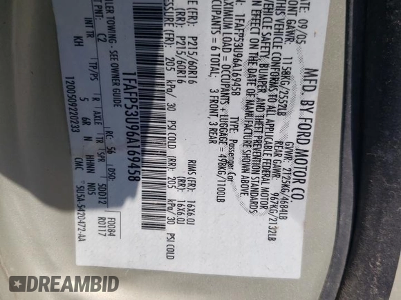 2006 Ford Taurus SE с VIN 1FAFP53U96A169458, выставлен на аукционе Copart как лот 59400185 с пробегом 103 020 миль миль и Списание • Salvage title. История ставок и продаж доступна на DreamBid. Изображение 12.
