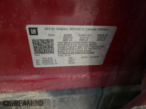 2019 Chevrolet Equinox Premier with VIN 2GNAXXEV6K6218359, listed as a Copart auction lot 73093784 with 122,529 mi miles and Salvage Title. Bid and sale history available at DreamBid. Image 14.