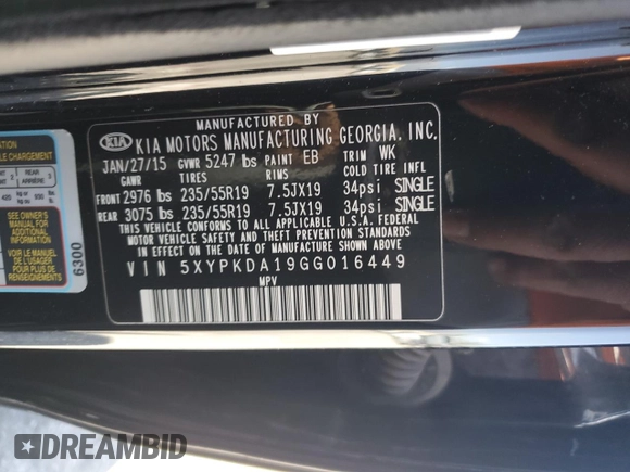 2016 Kia Sorento SXL z VIN 5XYPKDA19GG016449, wystawiony jako Copart lot #56943845 z przebiegiem 72 350 mil mil oraz Szkoda całkowita • Salvage title. Historia ofert i sprzedaży dostępna na DreamBid. Obrazek 14.